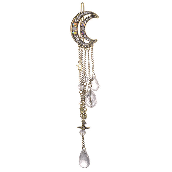 Moon Crystal Rhinestone Beads Dangle Hairpin Hair Clip Women Bridal Jewelry