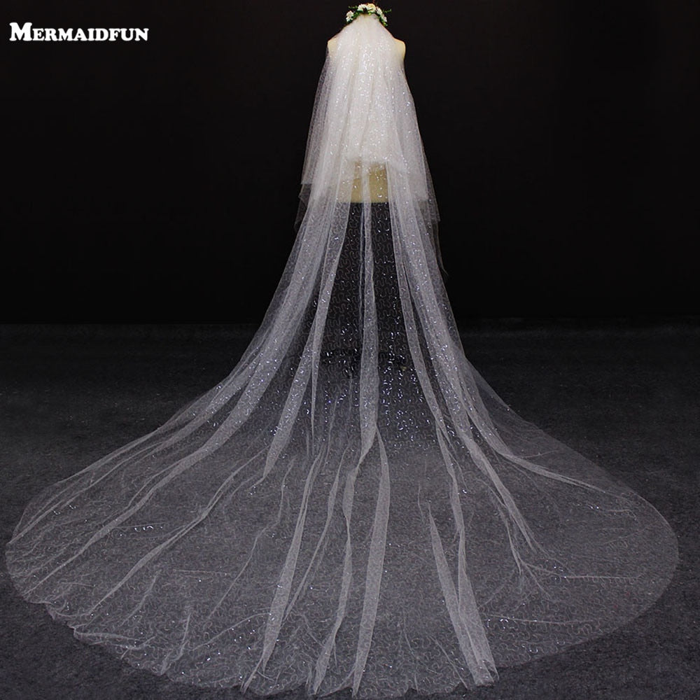 Luxury Bling Sequins Tulle Cut Edge 2 Layer Wedding Veil 2 T Cover Face with Blusher 4 M Long Bridal Veil Wedding Accessories