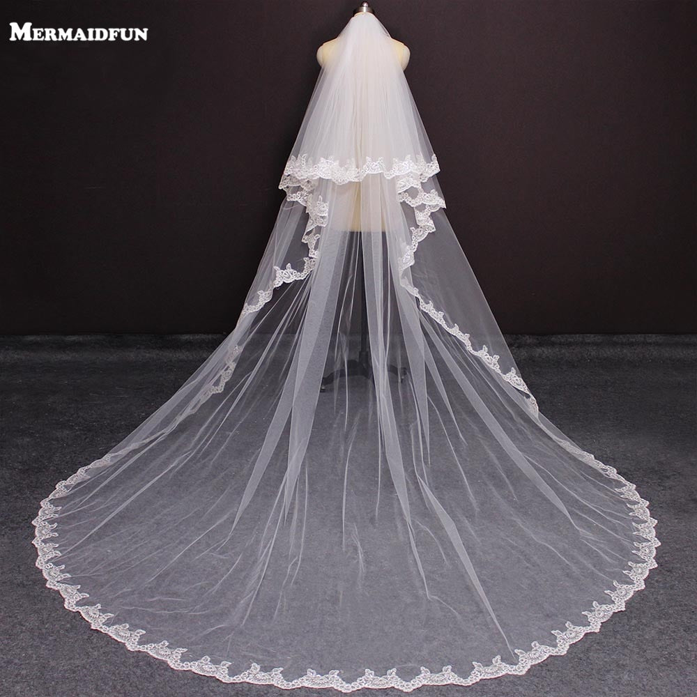 Real Photos 2 Layers Bling Sequins Lace Long 3 M Wedding Veil White Ivory Blusher Bridal Veil with Comb Wedding Accessories