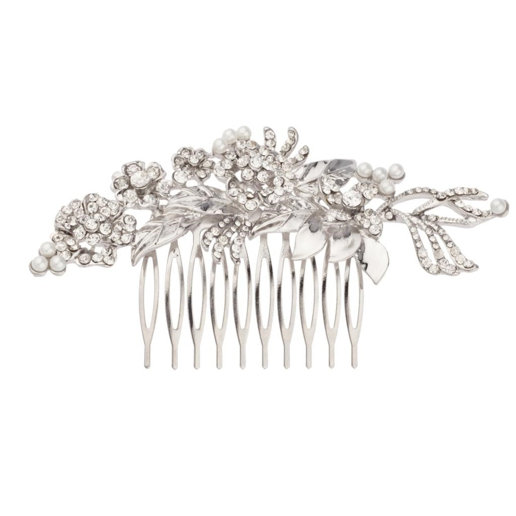 Pave Floral Faux Pearl Crystal Leaf Bridal Hair Comb