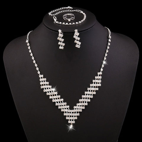 Women Fashion Shiny Rhinestone Decoration Earrings Necklace Bracelet Ring Jewelry Set
