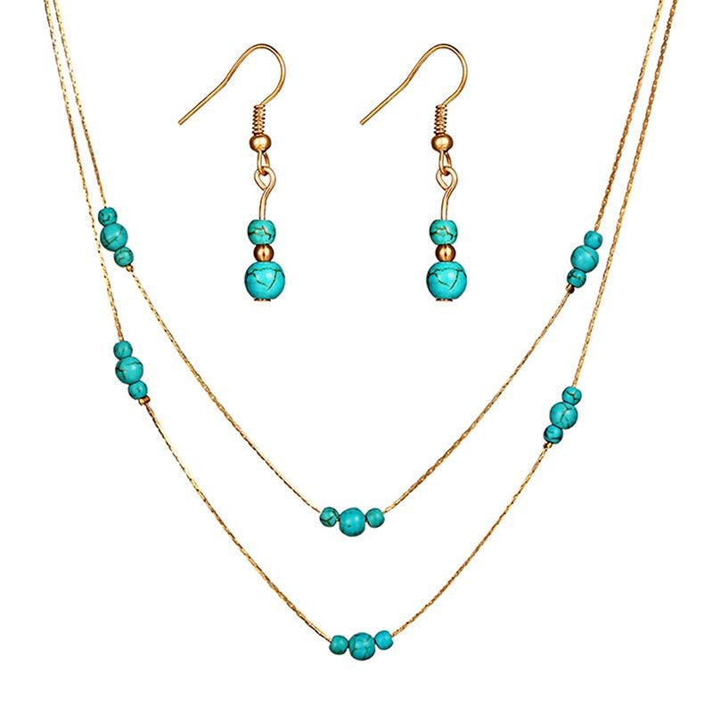 Women Vintage Style Simple Double Layers Turquoise Stone Beaded Necklace Earrings Set