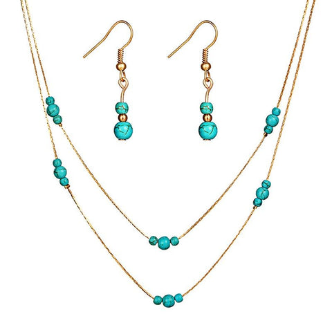 Women Vintage Style Simple Double Layers Turquoise Stone Beaded Necklace Earrings Set