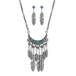 Fashion Design Boho Style Feather Tassel Handmade Necklace And Earrings Women Alloy Silver Jewelry Set