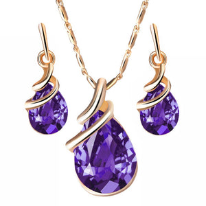 Lady Luxury Shiny Glass Water Drop Shape Pendant Earrings Necklace Jewelry Set