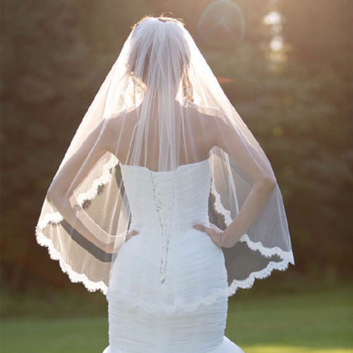 New Fashion Wedding Veil White One-tier Elbow Veils Lace Applique Edge