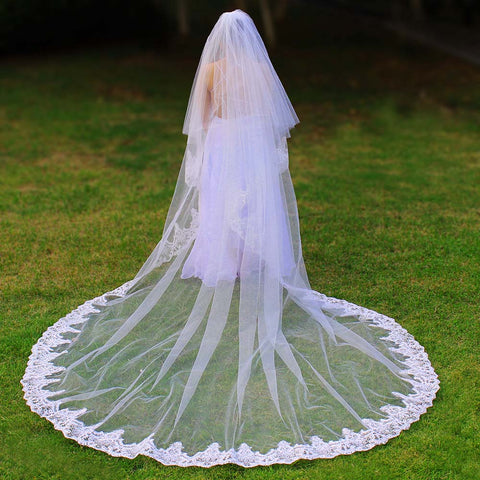 Real Photos 2 Layers Bling Sequins Lace 3 Meters 2 T Cathedral Wedding Veil with Comb Cover Face Bridal Veil Wedding Accessories