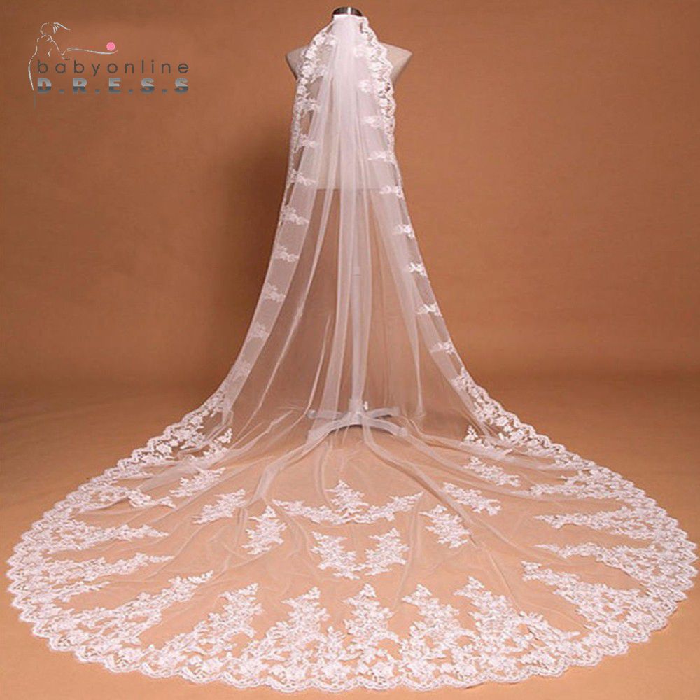 Voile mariage 3M Lace Edge 2 Layers White Ivory Long Wedding Veils Soft Tulle Wedding Accessories Bridal Veils velo de novia