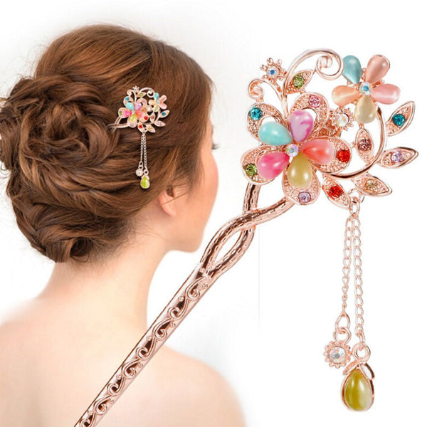Retro Vintage Style Bridal Wedding Party Hairpins Elegant Women Colorful Butterfly Flower Hair Sticks Rhinestone Hair Accessory